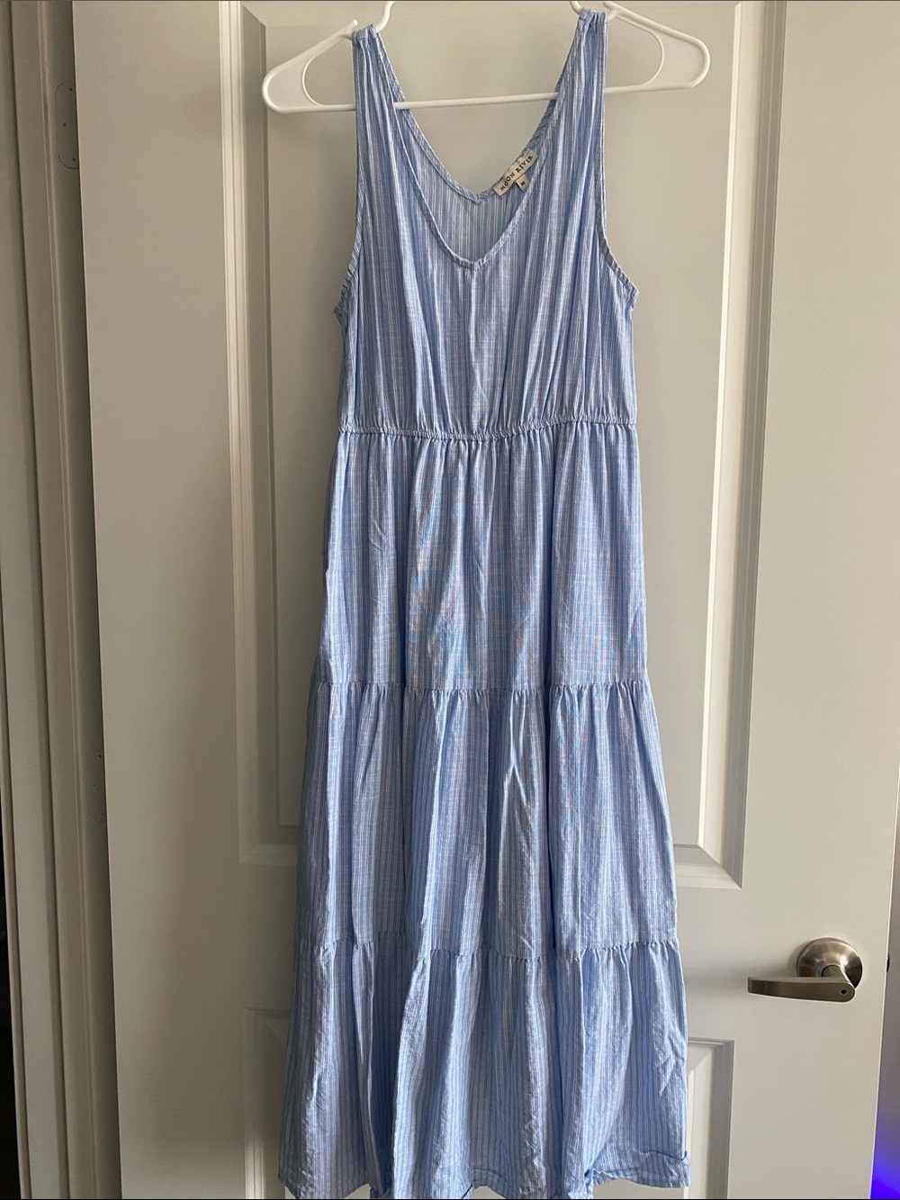Moon River Light Blue Striped Tiered Maxi Dress